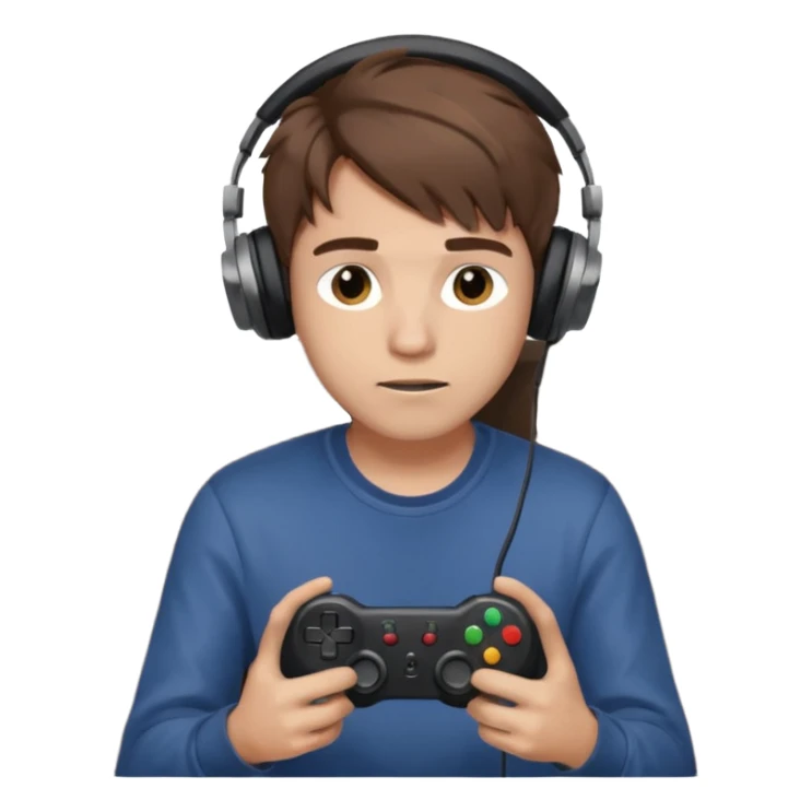 male memoji, man with messy hair, headphones, holding game controller, focused expression, sitting casual sticker