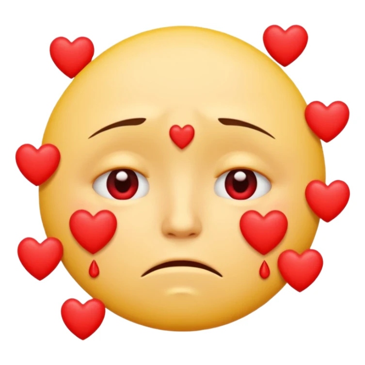 A yellow circular frowning face that is crying tears from its eyes, with a dozen hearts floating from top to bottom in front of it sticker