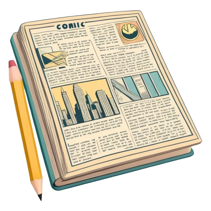 Create a detailed emoji representing the process of writing texts for comic books. The design should feature a large, open comic book with vintage comic strips visible on its pages. A pencil should be shown writing text on one of the comic panels, but without a hand. The pencil should appear as though it is actively creating the dialogue or narration. Use a classic color palette with muted tones for the comic book and brighter accents on the pencil to draw attention to the writing process. Do not include any emojis or smiley faces. Make the background transparent. sticker