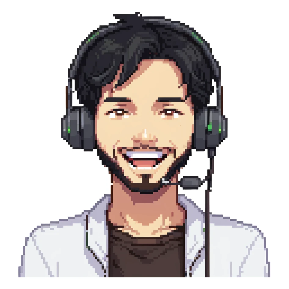 anime style laughing man with black hair, brown eyes, black beard wearing gaming headset sticker