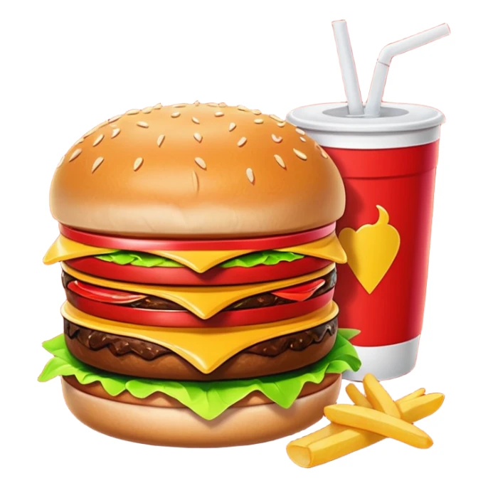 A clean and simple icon of fast food in emoji-style illustration. A burger with fries and a soda cup, bright and bold colors, simple shapes, flat design, high contrast, inviting and appetizing. sticker