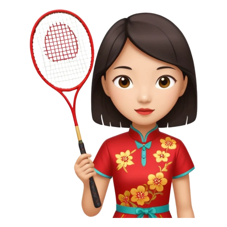 ancient cheongsam girl with 1 badminton racket, red sticker