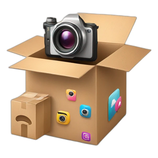 Video Camera, Instagram YouTube icons fly out from the Cardboard box sticker