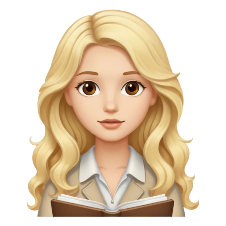 Blonde model with brown eyes, long wavy hair, writing in a notebook sticker
