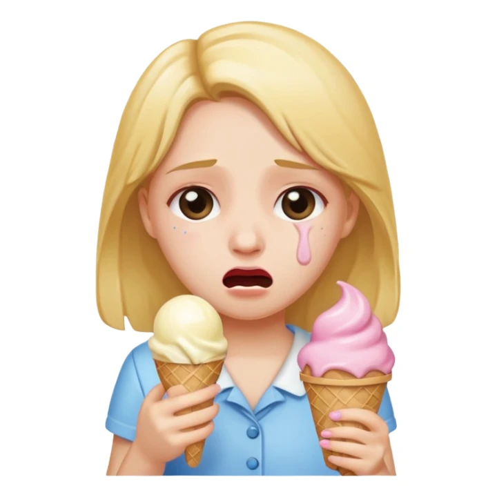 a crying girl with an ice cream  box sticker