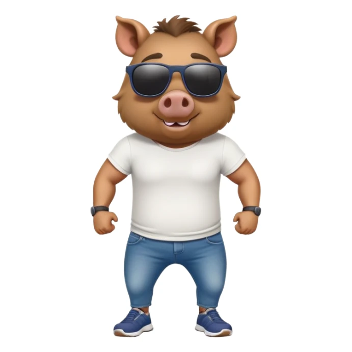 friendly anthropomorphised boar in jeans and a t-shirt, wearing dark sunglasses, jogging upright, relaxed pose sticker