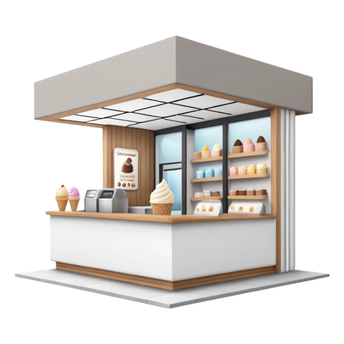ice cream store at an angle, modern building wood, gray, white materials modern, at an angle sticker