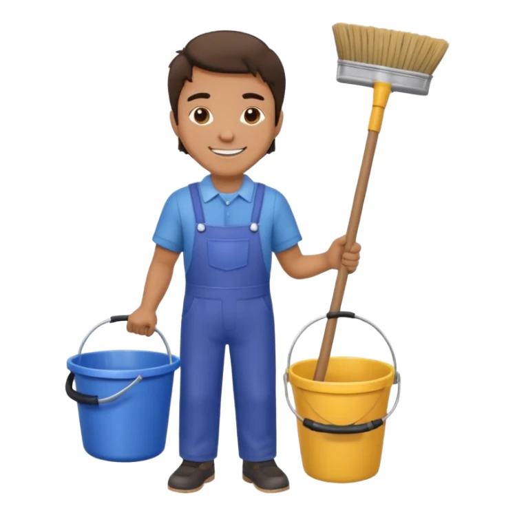man in cleaning clothes, holding a broom and a bucket sticker