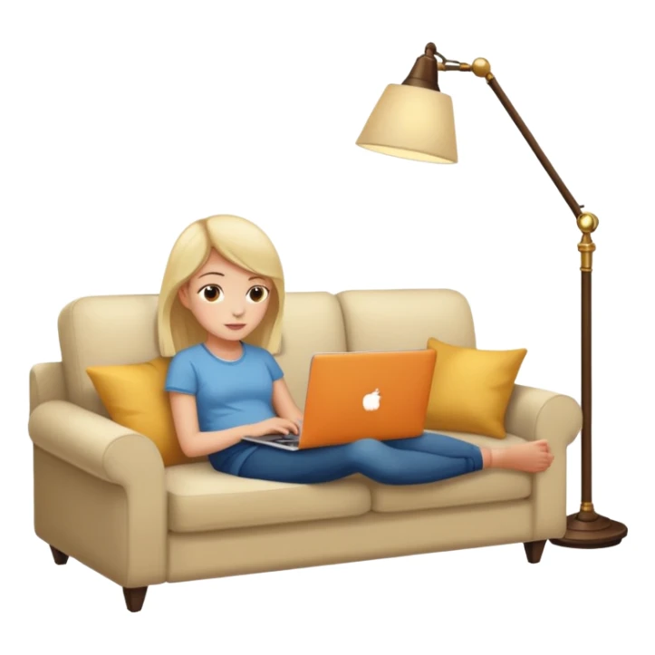 A girl is working with a laptop while lying on a sofa, with a floor lamp to the right. sticker