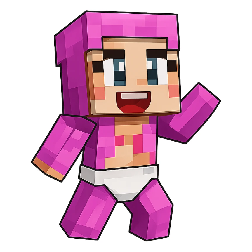 Extract only the Minecraft baby character in pink from the image, place it on a transparent background, and keep the original Minecraft cartoon style and appearance. sticker