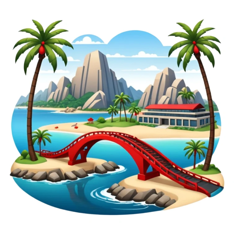 advanced modern island with advanced infrastructure, parks, contemporary architecture, beaches with palm trees, and a red bridge on one side sticker