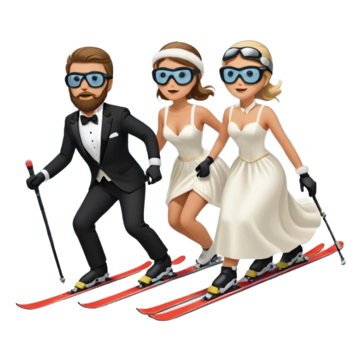 a couple skiing they both have ski helmets and goggles on , man with a beard in a tux and woman in a wedding dress on their skiis going down a slope.  sticker