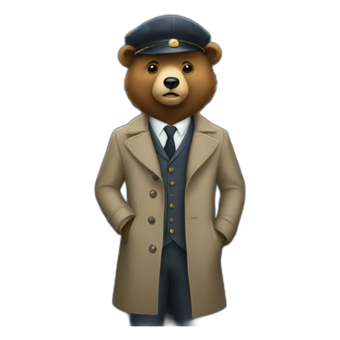 Bear in a trench coat and beret hat and suits at a door sticker