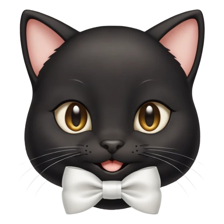 A cute black cat with mole above left side eye smiling with smiley eyes and having a white ribbon at right side of head sticker