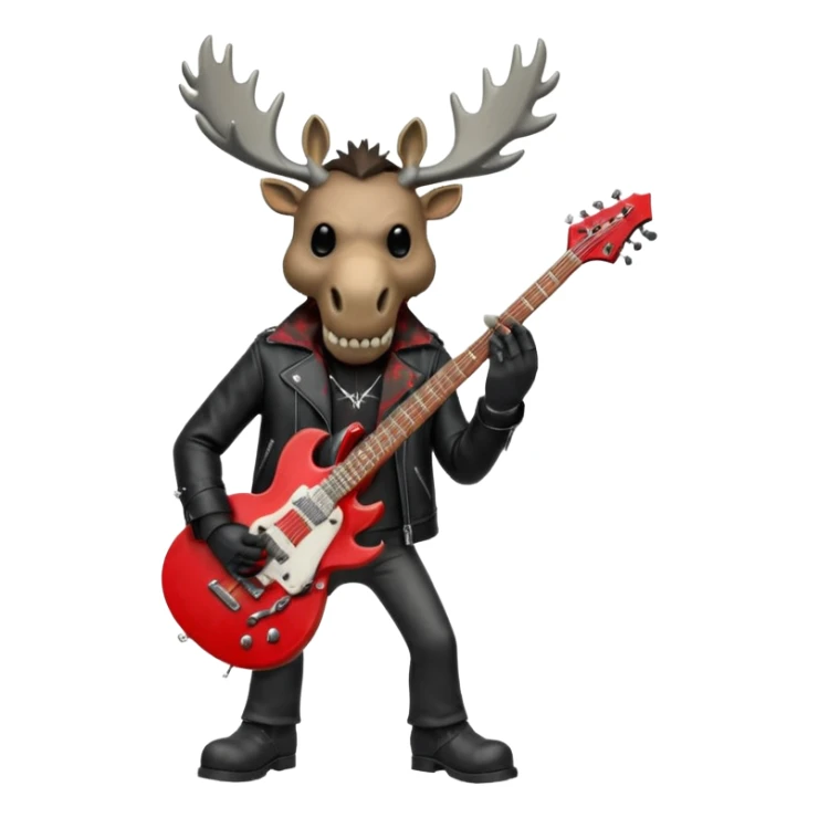 A evil moose headed man with a red electric guitar. The guitar should be pointing directly in the air. And the moose man should look evil and intimidating. match the style of your bleeding skull art , it needs to be much "less cartoonist looking". sticker