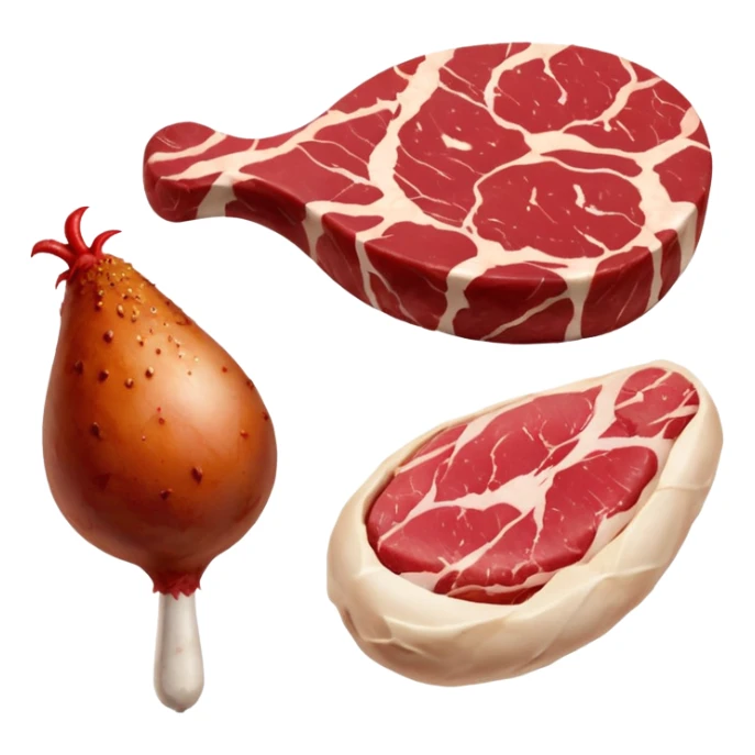 A raw red steak with visible marbling placed next to a small chicken drumstick. sticker