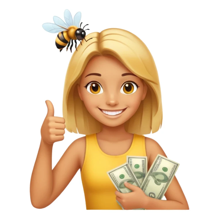 Girl ￼Bee with money shows thumbs up sticker