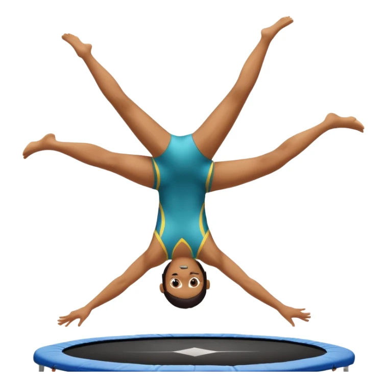 An athletic person soaring high above a trampoline, executing an acrobatic flip with perfect form. The scene captures motion and energy, with a dynamic pose, stretched limbs, and a focused expression. The background suggests a professional trampoline arena with safety padding. sticker