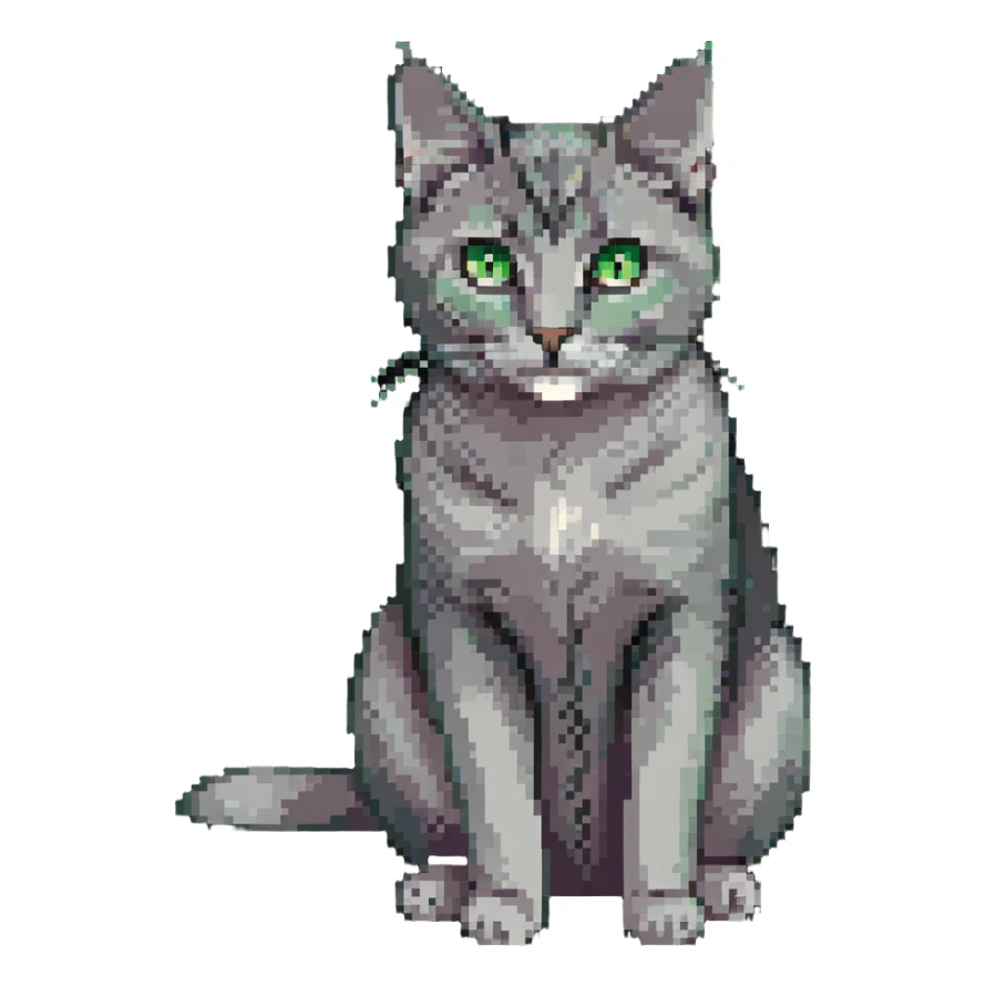 Elegant gray cat with smooth fur, large green eyes, serene expression, sitting facing camera sticker