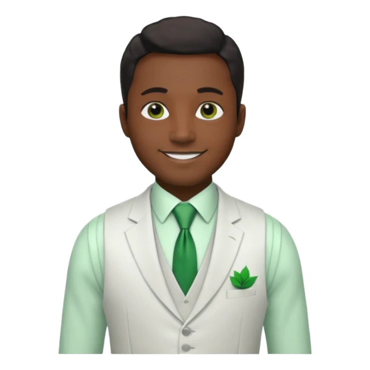 businessman, black skin, black eyes, white suit vest, green tie sticker