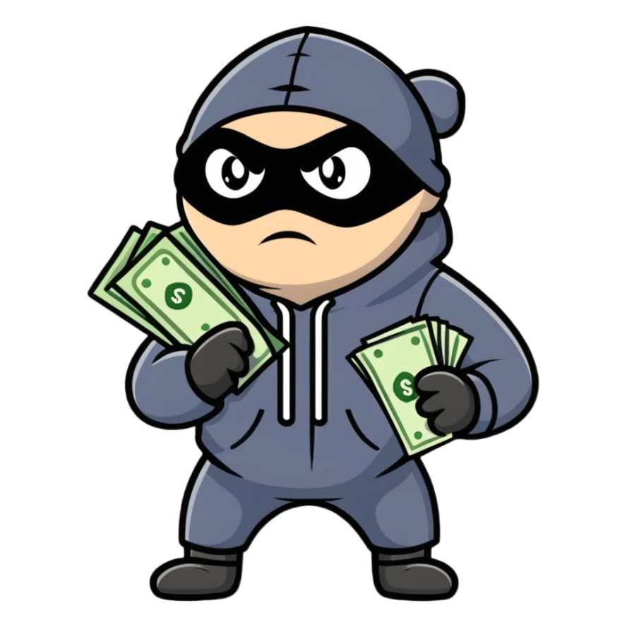 cartoonish robber holding a money bag sticker
