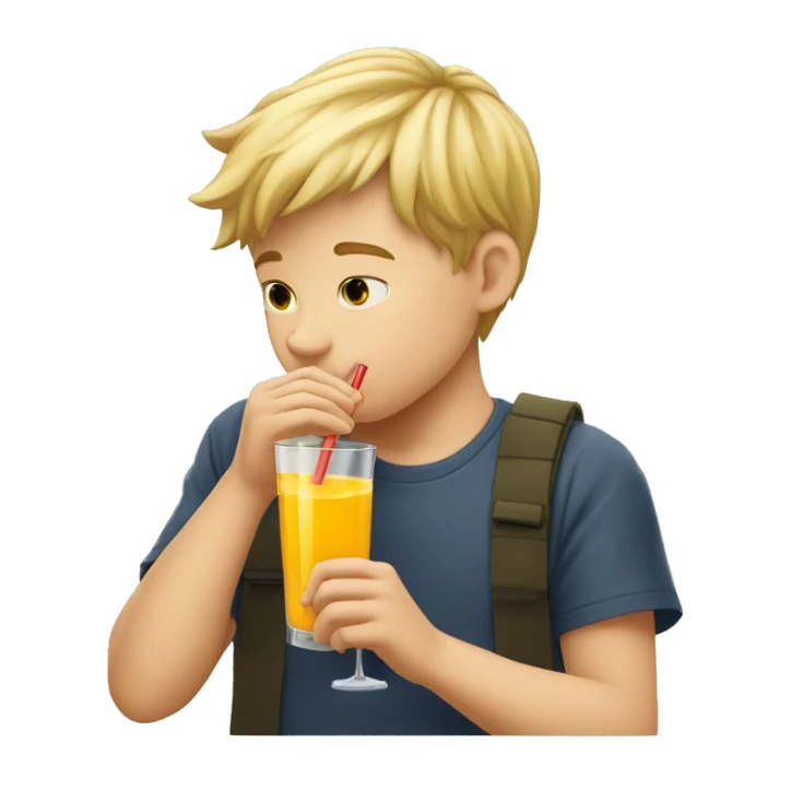 A blonde boy sucking or drinking juice with a straw while his hand is holding the drink, profile view sticker