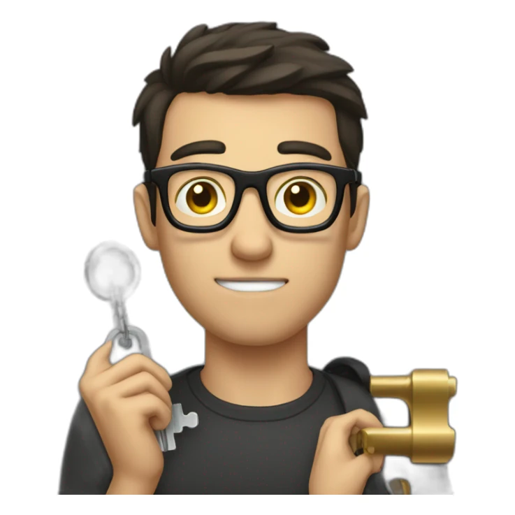 dark-short-haired man with glasses, struggling to fit a key into a lock sticker
