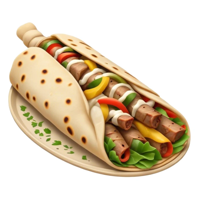 Cinematic Realistic Shawarma Dish Emoji, showcasing spiced, succulent meat wrapped in flatbread with fresh vegetables rendered with lifelike detail and dynamic, appetizing lighting. sticker