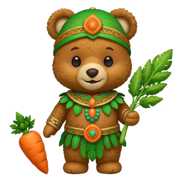 teddy bear, wearing green mayan ancient custome, with carrot sticker