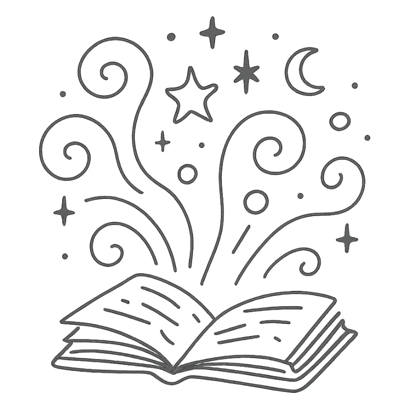 Открытая магическая книга в стиле дудлинг. Из её страниц вылетают завитки магии, звёздочки, луны, искры и таинственные символы. sticker