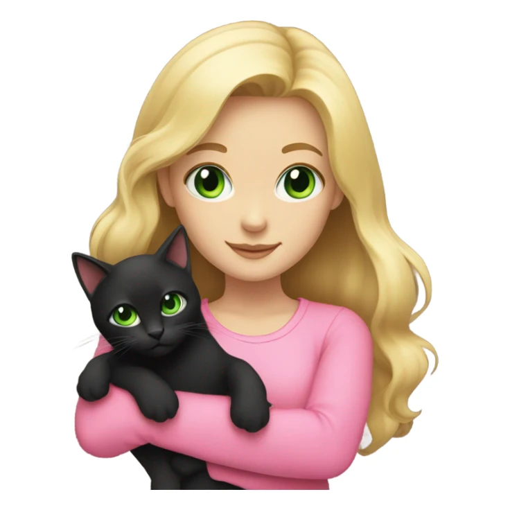 blonde girl wearing pink with green eyes holding a black cat  sticker