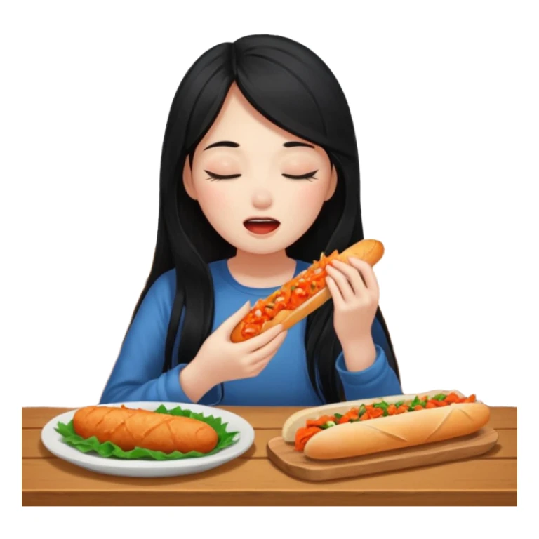 Girl with black long hair eat kimchi close eyes baguette sticker