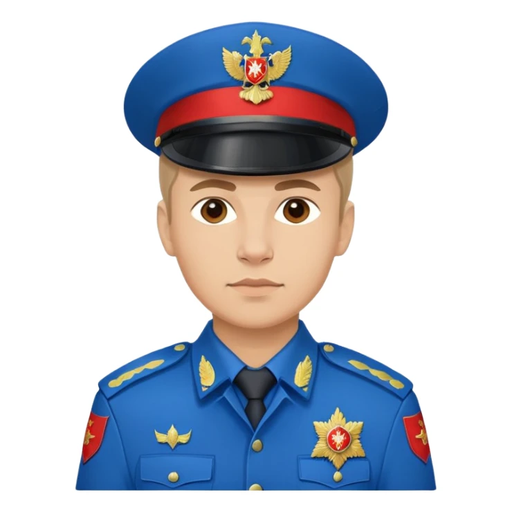 Russian police officer with blue uniform and traditional peaked cap with red band sticker