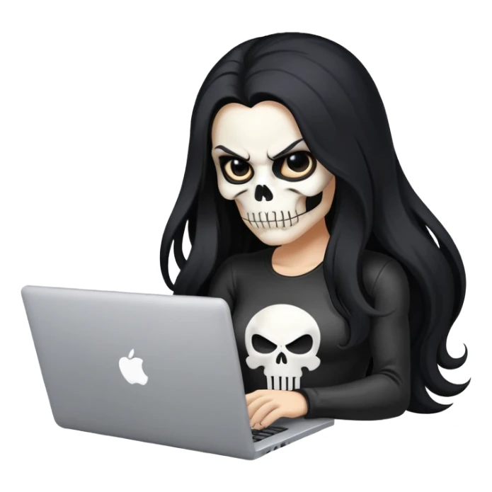 female Punisher skull with long flowing black hair working on a laptop sticker