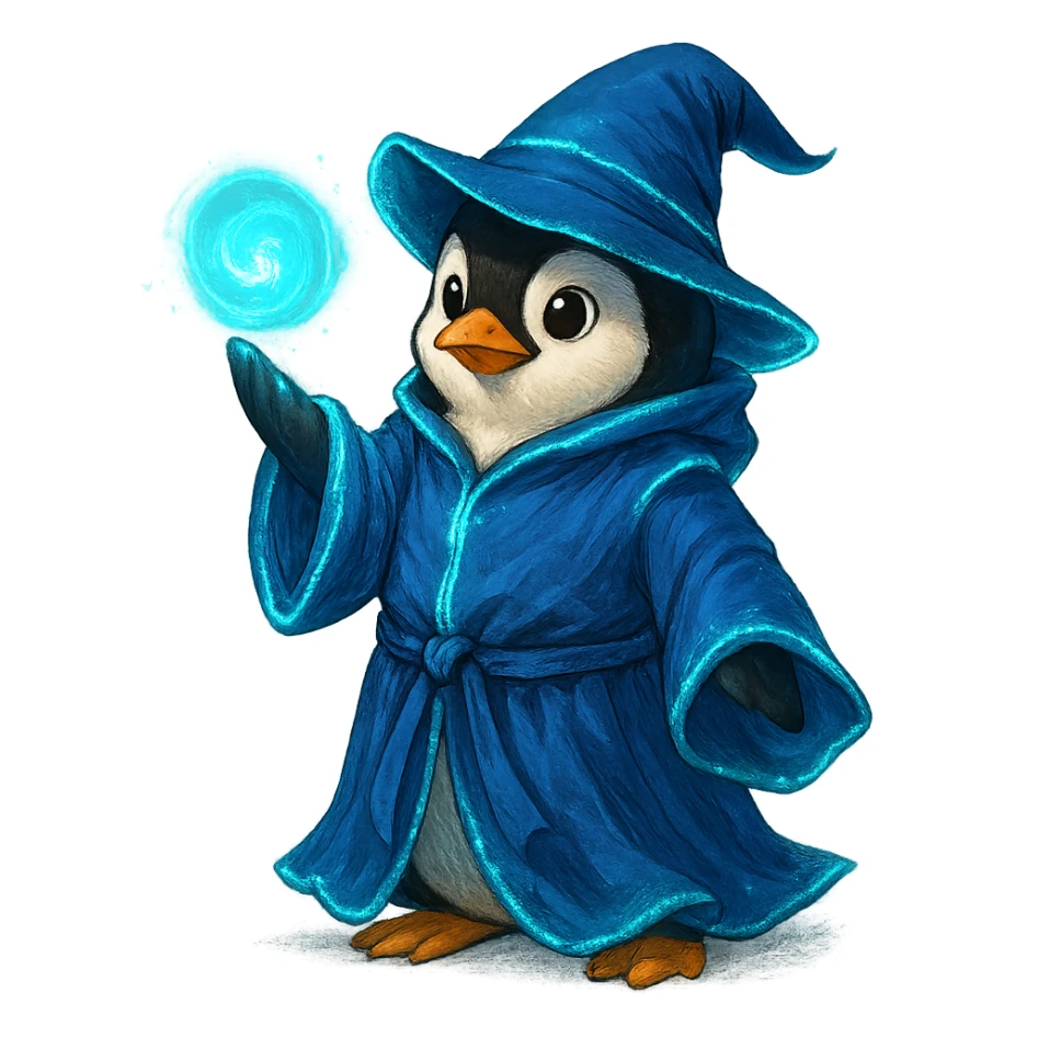 penguin wizard casting a spell wearing a blue robe with glowing effects sticker