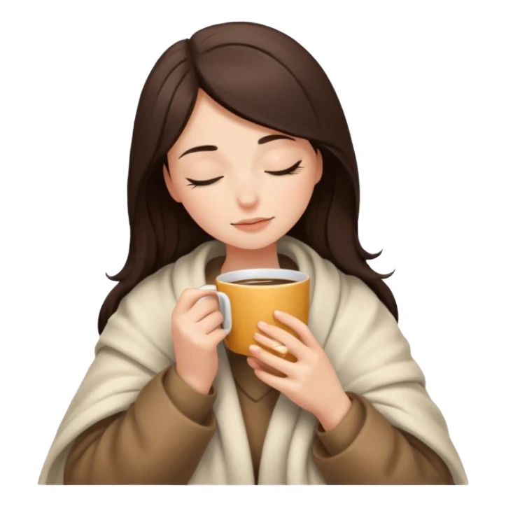 brunette girl snuggled in a blanket, sipping coffee, eyes closed sticker