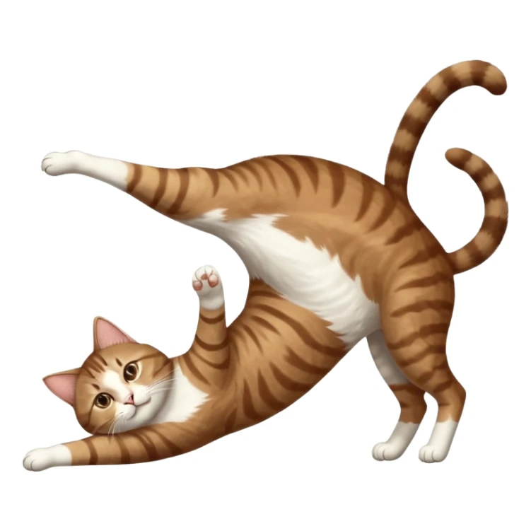 brown tabby and white cat with doing a big extremely long stretch reaching up into the air with arms and legs side by side together straight and overextended whilst lying on its side sticker
