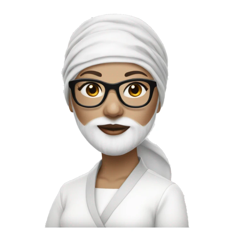 White-skinned woman with black square glasses, white clothes and white turban sticker