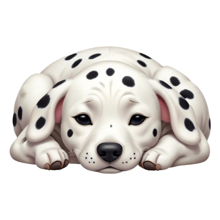 Cinematic Meme-Worthy cute Sleeping Dalmatian Portrait Emoji, Head resting peacefully with a contented smile, showcasing a delightfully cute build and a luxuriously soft white coat with bold black spots, eyes shut in a serene nap, Simplified yet hilariously adorable features, highly detailed, glowing with a soft, drowsy light, high shine, relaxed and utterly lovable, stylized with an air of playful laziness, bright and heartwarming, soft glowing outline, capturing the essence of a comically sleepy Dalmatian, so meme-worthy it feels like it could instantly become the next viral sensation of adorable slumber! sticker