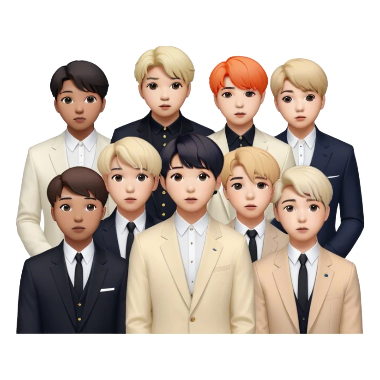 Cinematic Realistic group portrait of BTS featuring all 7 members in stylish modern attire, with detailed facial expressions and vibrant colors, captured in dynamic, contemporary lighting that emphasizes their global pop icon status sticker