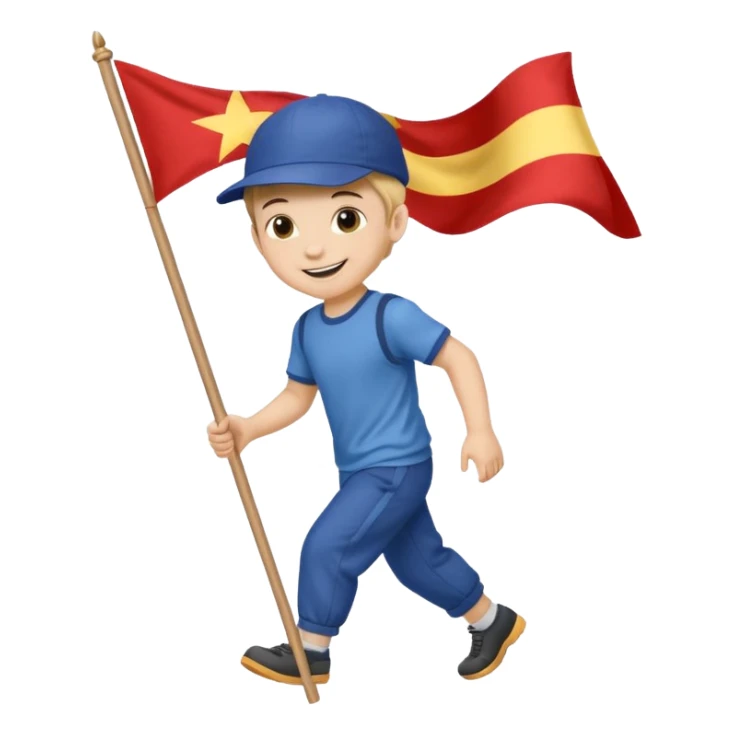 A small boy in a cap, smiling brightly while dragging a flag slightly bigger than him. sticker