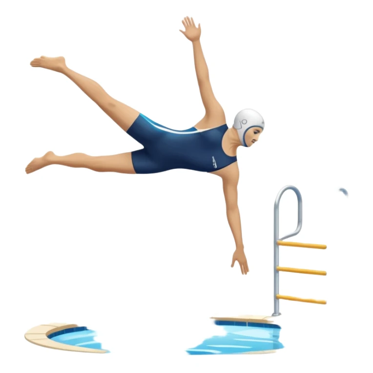 An icon featuring an athlete performing a graceful somersault mid-air, heading toward the water in a diving pool. The design includes water splashes and the diving platform, symbolizing the skill and precision of high diving. Transparent background highlights the elegance of the sport. sticker