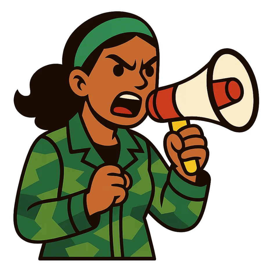 woman with green headband, camo jacket, holding a megaphone, angry expression sticker