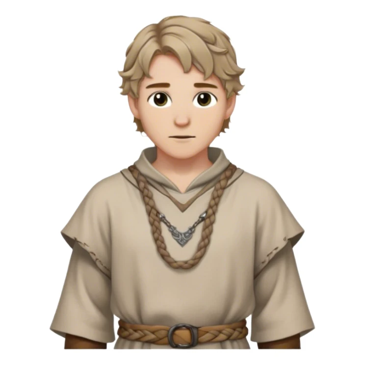 medieval spring outfit worn by a DnD themed fantasy male character. soft wool tunic with a loose collar and a simple braided cord belt. clothes only above the waist. The clothes full waist. The character's haven't arms. character is white-skinned, dark blonde hair, gray eyes, short wavy hair. sticker