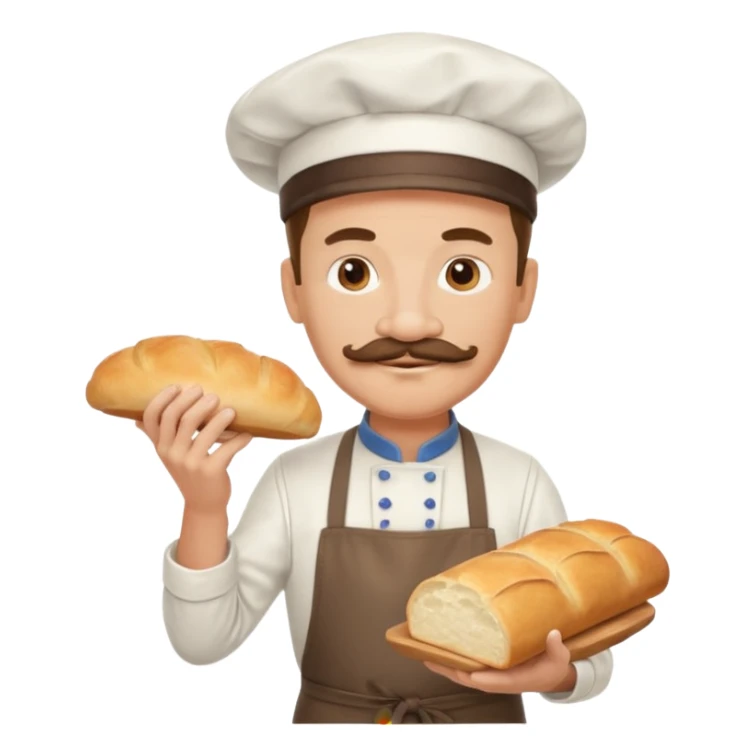 Middle aged male pastry chef - with a mustache, apron, white hat, holding bread sticker