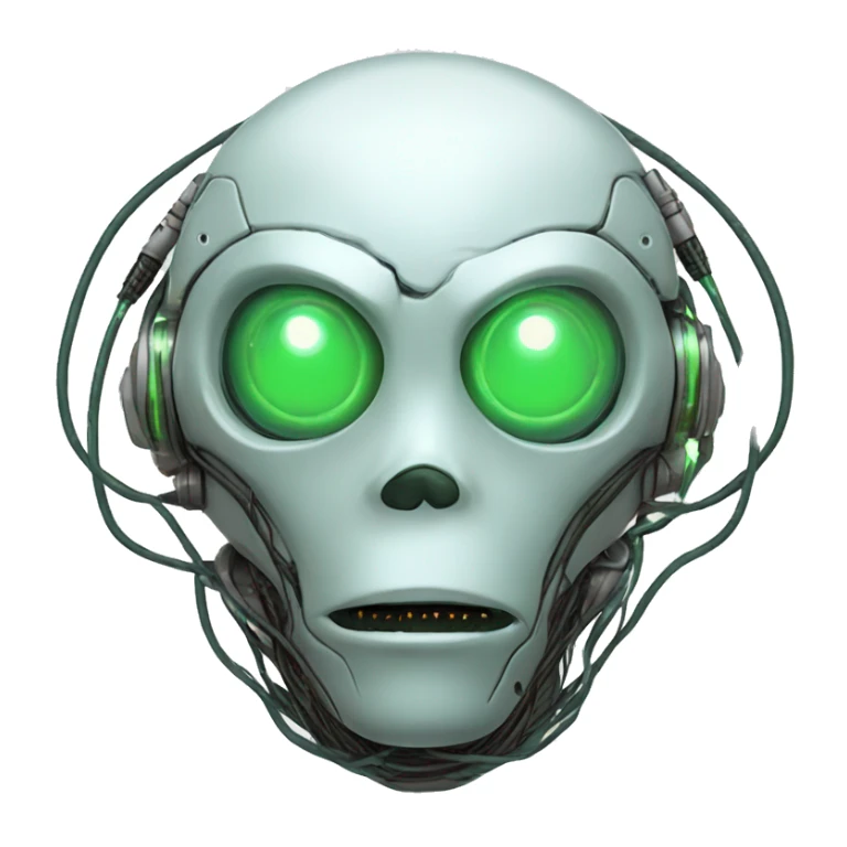 Round Alien cyborg head with glowing wires and green eyes  sticker