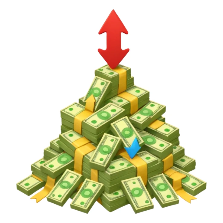 a pile of money with red arrow up sticker