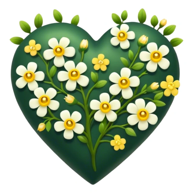A dark green heart with small yellow and white flowers growing off it sticker