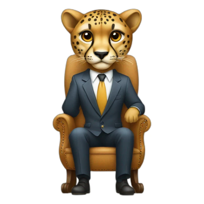 A cheetah wearing a suit looking straight while sitting in a chair sticker