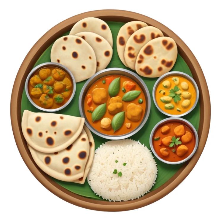 Indian food thali with curry, naan bread, and rice sticker
